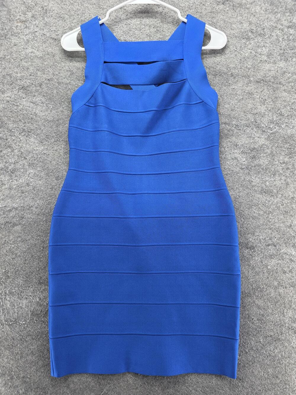 Herve Leger Dress Womens L Blue Bodycon Short Square Neck Strappy Cut Out